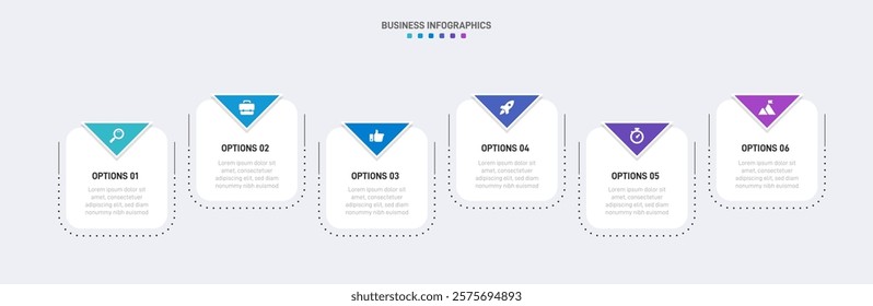 Horizontal progress bar featuring 6 arrow-shaped elements, symbolizing the six stages of business strategy and progression. Clean timeline infographic design template. Vector for presentation