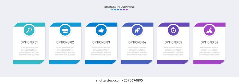 Horizontal progress bar featuring 6 arrow-shaped elements, symbolizing the six stages of business strategy and progression. Clean timeline infographic design template. Vector for presentation