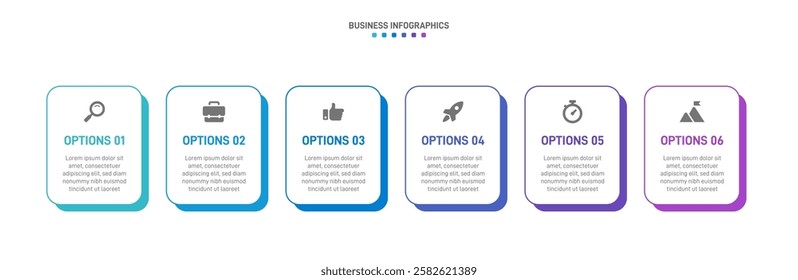 Horizontal progress bar featuring 6 arrow-shaped elements, symbolizing the six stages of business strategy and progression. Clean timeline infographic design template. Vector for presentation