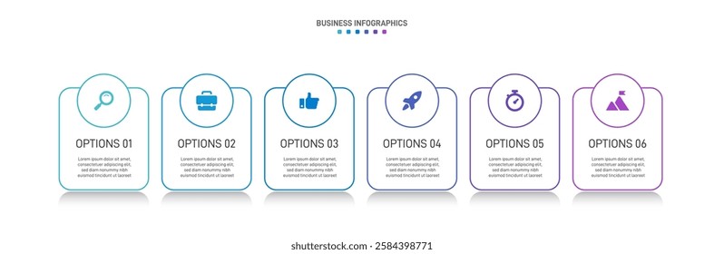 Horizontal progress bar featuring 6 arrow-shaped elements, symbolizing the six stages of business strategy and progression. Clean timeline infographic design template. Vector for presentation