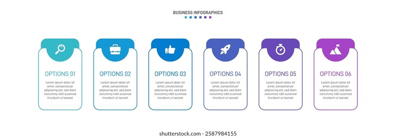 Horizontal progress bar featuring 6 arrow-shaped elements, symbolizing the six stages of business strategy and progression. Clean timeline infographic design template. Vector for presentation