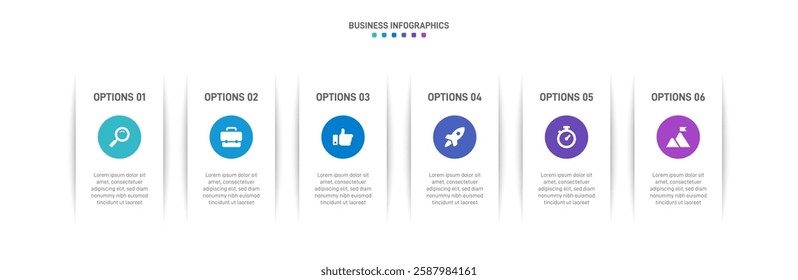 Horizontal progress bar featuring 6 arrow-shaped elements, symbolizing the six stages of business strategy and progression. Clean timeline infographic design template. Vector for presentation
