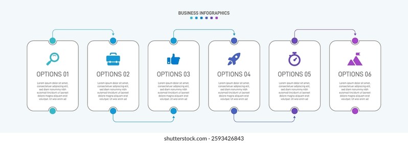 Horizontal progress bar featuring 6 arrow-shaped elements, symbolizing the six stages of business strategy and progression. Clean timeline infographic design template. Vector for presentation