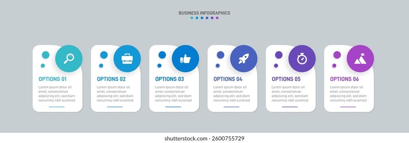 Horizontal progress bar featuring 6 arrow-shaped elements, symbolizing the six stages of business strategy and progression. Clean timeline infographic design template. Vector for presentation