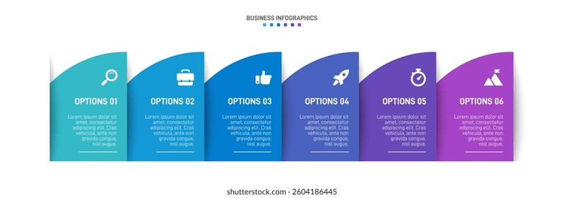 Horizontal progress bar featuring 6 arrow-shaped elements, symbolizing the six stages of business strategy and progression. Clean timeline infographic design template. Vector for presentation