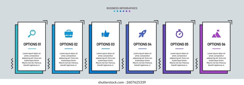 Horizontal progress bar featuring 6 arrow-shaped elements, symbolizing the six stages of business strategy and progression. Clean timeline infographic design template. Vector for presentation