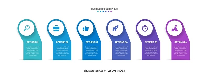 Horizontal progress bar featuring 6 arrow-shaped elements, symbolizing the six stages of business strategy and progression. Clean timeline infographic design template. Vector for presentation