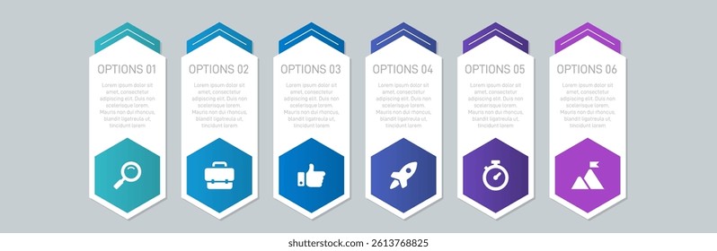 Horizontal progress bar featuring 6 arrow-shaped elements, symbolizing the six stages of business strategy and progression. Clean timeline infographic design template. Vector for presentation