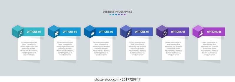 Horizontal progress bar featuring 6 arrow-shaped elements, symbolizing the six stages of business strategy and progression. Clean timeline infographic design template. Vector for presentation