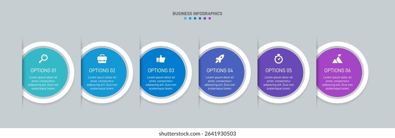 Horizontal progress bar featuring 6 arrow-shaped elements, symbolizing the six stages of business strategy and progression. Clean timeline infographic design template. Vector for presentation