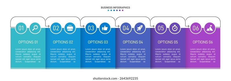 Horizontal progress bar featuring 6 arrow-shaped elements, symbolizing the six stages of business strategy and progression. Clean timeline infographic design template. Vector for presentation