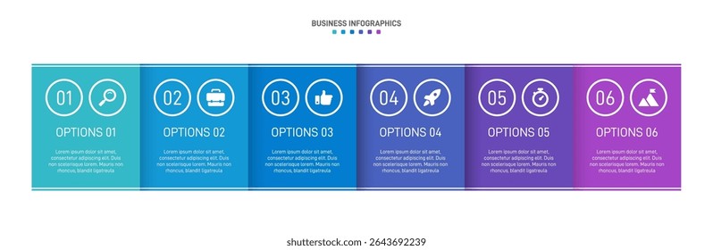 Horizontal progress bar featuring 6 arrow-shaped elements, symbolizing the six stages of business strategy and progression. Clean timeline infographic design template. Vector for presentation