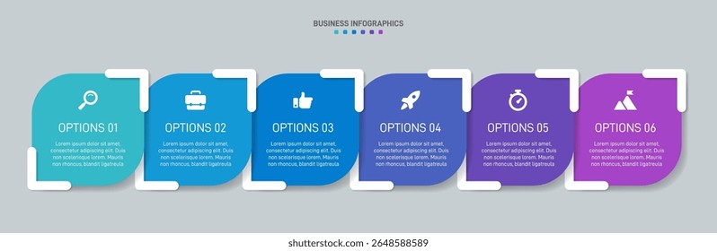 Horizontal progress bar featuring 6 arrow-shaped elements, symbolizing the six stages of business strategy and progression. Clean timeline infographic design template. Vector for presentation