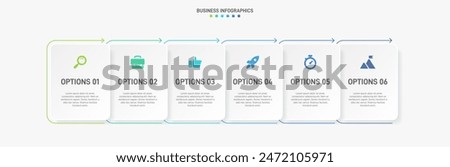 Horizontal progress bar featuring 6 arrow-shaped elements, symbolizing the six stages of business strategy and progression. Clean timeline infographic design template. Vector for presentation