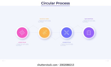 Horizontal progress bar with four connected circular elements. Concept of 4 steps of business project development. Simple infographic design template. Flat vector illustration for data analytics.