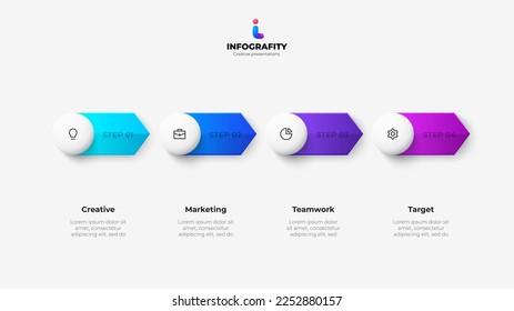 Horizontal progress diagram with 4 circles and arrows. Concept of four steps of business timeline. Creative infographic design template.