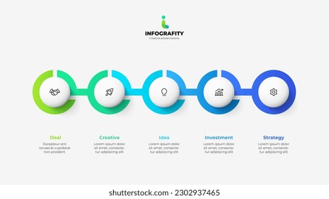Horizontal progress diagram with 5 circles. Concept of five steps of business timeline. Creative infographic design template