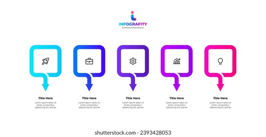 Horizontal progress diagram with five square elements and arrows. Concept of 5 steps of business timeline. Creative infographic design template