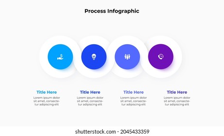 Horizontal progress diagram with four circle elements. Concept of 4 steps of business timeline. Creative infographic design template.
