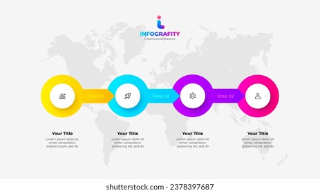 Diagrama de progreso horizontal con cuatro círculos y flechas. Concepto de 4 pasos del cronograma de negocios. Plantilla de diseño de infografía creativa con mapa del mundo