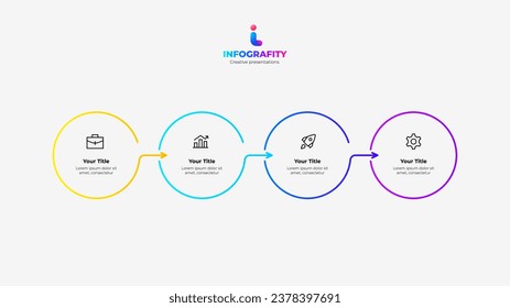 Horizontal progress diagram with four outline elements. Concept of 4 steps of business timeline. Creative infographic design template
