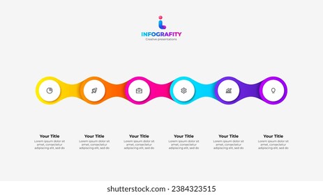 Horizontal progress diagram with six circles. Concept of 6 steps of business timeline. Creative infographic design template