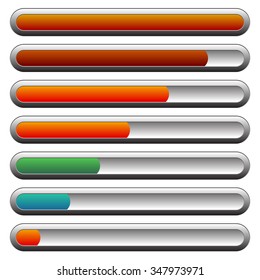 Horizontal progress indicators, loading bars. Seven steps, phases.