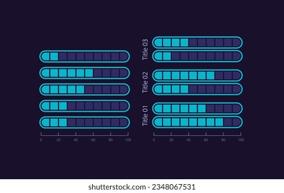 Plantilla de diseño de gráfico gráfico gráfico gráfico gráfico gráfico gráfico de progreso horizontal establecida para tema oscuro. Indicador de capacidad. Presentación de datos visuales. Colección de gráficos de barras modificables. Multitud de tipos de letra Pro-Bold, con uso regular