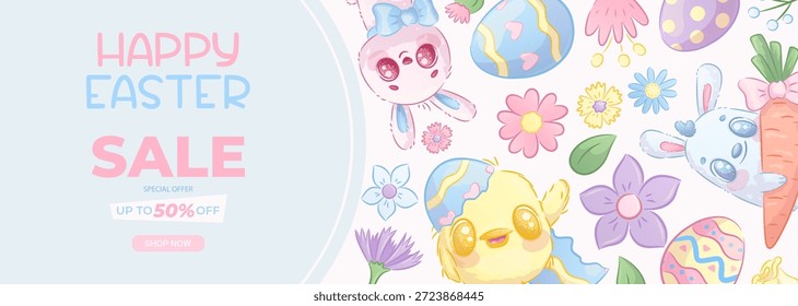 Horizontal Anuncio promocional para Semana Santa. Conejos de Pascua, huevos, pollos, flores. Descuentos de primavera, rebajas. Ilustración vectorial para carteles, Anuncios, anuncios, folletos