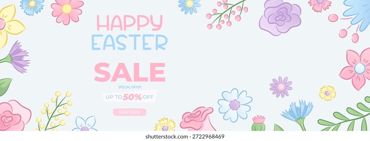 Horizontal Anuncio promocional para Semana Santa. Flores, ramitas, hojas. Descuentos de primavera, rebajas. Ilustración vectorial para carteles, Anuncios, anuncios, folletos