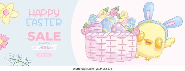 Banner promocional horizontal para a Páscoa. Uma galinha feliz com orelhas de coelho espiam de trás de uma cesta de flores da primavera. Descontos primavera, venda. Ilustração vetorial para cartazes, banners, anúncios