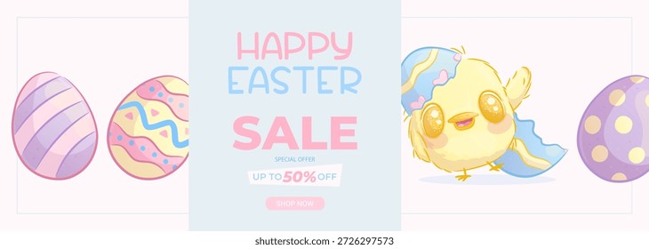 Horizontal Anuncio promocional para Semana Santa. Pollo esponjoso amarillo, huevos de Pascua. Descuentos de primavera, rebajas. Ilustración vectorial para carteles, Anuncios, anuncios, folletos