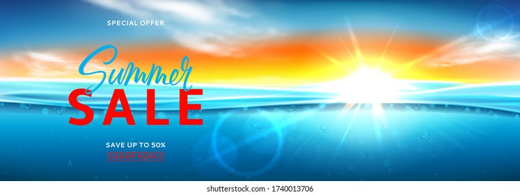 Horizontal promo banner for summer sale. Vector illustration with deep underwater ocean scene. Realistic background with sea landscape with sunset or sunrise.