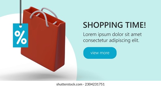 Horizontal promotion banner with cartoon creative 3d bag. Shopping time in online store. Big discounts and promotions for buyers concept. Vector illustration in red and blue colors
