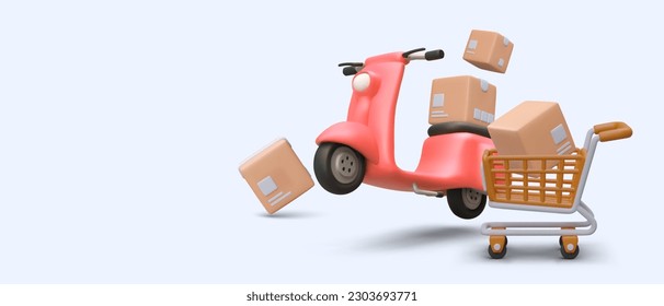 Horizontal promotion banner for delivery company. Red realistic 3d scooter carrying boxes. Online web poster for supermarket. Vector illustration in red and orange colors