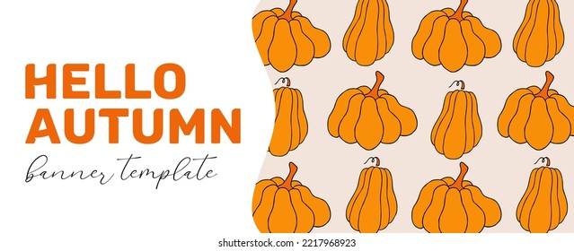 Horizontal promotion banner template. Autumn design template, hand drawn pumpkins, flat vector illustration