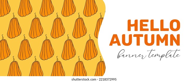 Horizontal promotion banner template. Autumn design template, hand drawn pumpkins, flat vector illustration