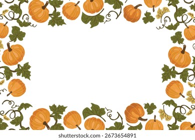 Marco Horizontal de la calabaza con las hojas verdes y el espacio vacío del texto
