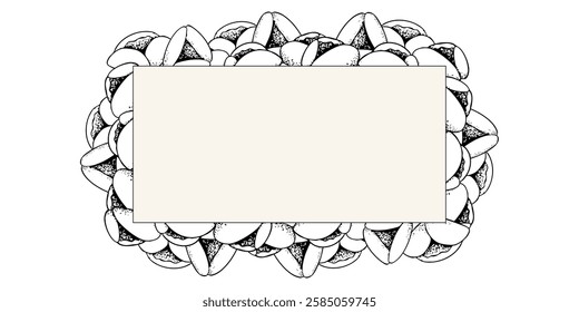 Horizontal Purim cookies vector banner frame illustration in line style for coloring and labels. Traditional Jewish triangle pastry Oznei Haman or Hamantaschen for black and white holiday designs