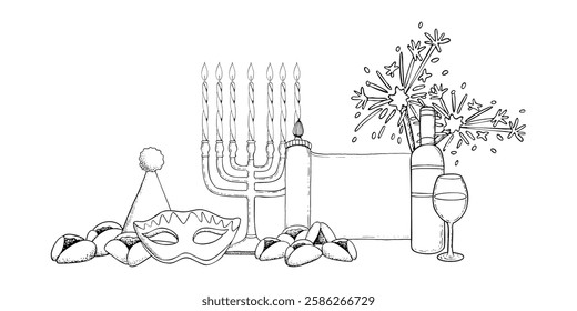 Horizontal Purim symbols banner vector illustration with Esther scroll, Jewish menorah, cookies, wine and masks. Black and white line sketch for coloring