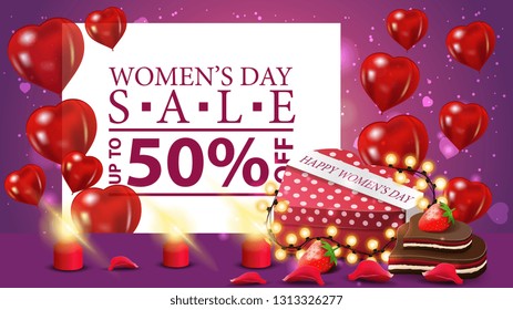 Horizontal purple discount banner to the women's day with gift in the shape of a heart
