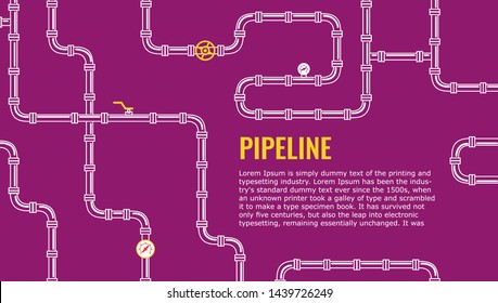 Fondo industrial horizontal púrpura con tubos blancos para agua, gas, aceite, aguas residuales. Infografía para volantes o folletos. Ilustración vectorial en estilo de arte en línea. delgada línea. 