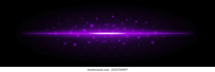 Horizontal purple laser beam with scattered glowing particles isolated on a transparent background. Bright energy effect, ideal for sci-fi, futuristic themes, or digital graphic design.