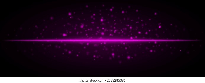 Efeito de luz roxa horizontal isolado no plano de fundo escuro. Banda de néon com linhas brilhantes e partículas brilhantes. Raios abstratos. Ilustração vetorial.