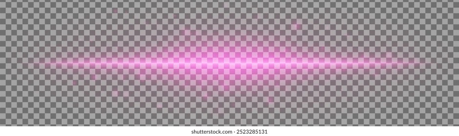 Horizontal purple light effect isolated on transparent background. Bright glowing beam with lens flare and soft glow. Graphical patch of reflected light. Abstract rays. Vector illustration.