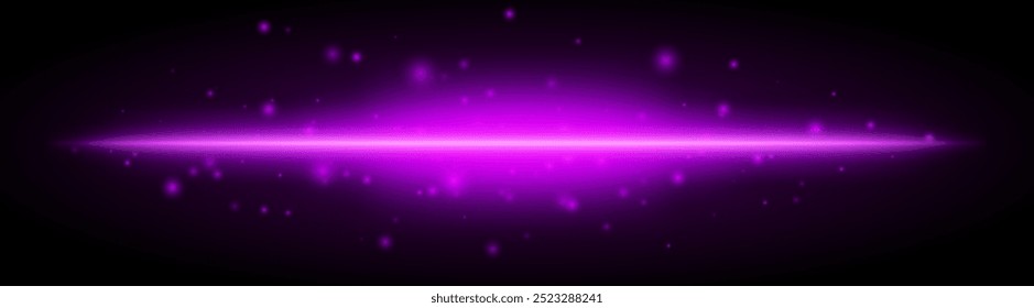 Horizontal purple light effect isolated on dark background. Bright glowing beam with sparkles and lens flare. Graphical patch of reflected light. Abstract rays. Vector illustration.