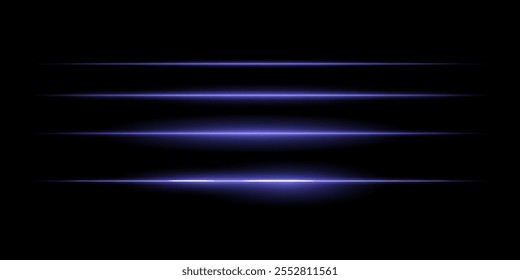 Horizontale violette Lichtstreifen gesetzt. Dünne leuchtende Linien, weiße Beleuchtung, futuristische Lichteffekte, abstraktes Design, minimaler Glanz, dekorative Elemente, glatte Farbverläufe, modernes Bildmaterial