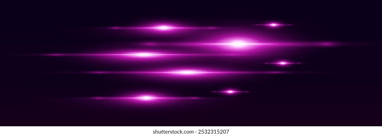 Horizontal purple rays of light, purple line flash.Light effect. Abstract glare and flares on a transparent background. Vector.