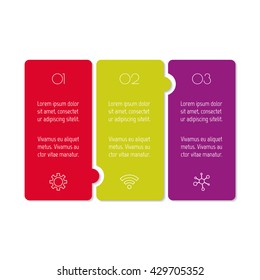 Horizontal puzzle infographic diagram with three options. Isolated paper sequence banner for tutorial. EPS10 progress steps template.