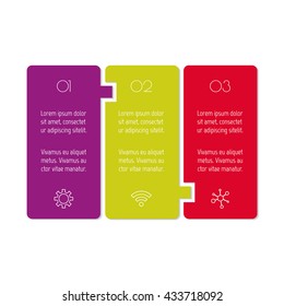 Horizontal puzzle infographic diagram with three options. Isolated paper sequence banner for tutorial. EPS10 progress steps template.